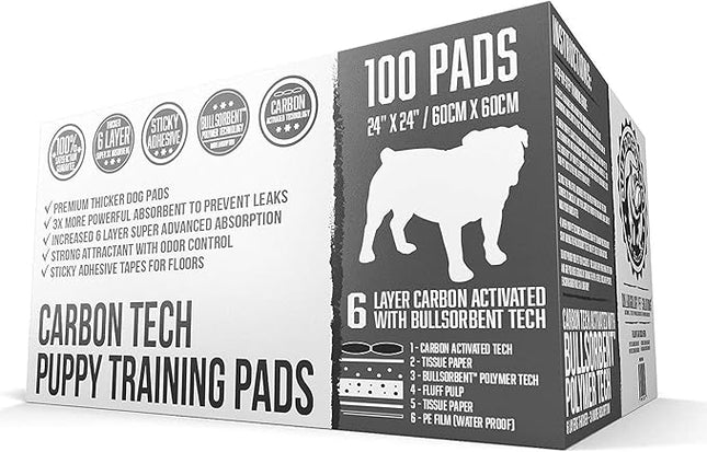 Bulldoglogy Carbon Black Puppy Pee Pads with Adhesive Sticky Tape - Large Charcoal Housebreaking Dog Training Wee Pads (24x24) 6 Layers with Extra Quick Dry Bullsorbent Polymer Tech (100-Count)