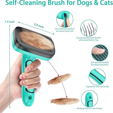 6 PCS Self Cleaning Slicker Brush & Undercoat Rake & Bath Brush & Flea Comb & Pet Comb & Steam Brush for Dogs and Cats,Professional Deshedding Dematting Tool for Long and Short Haired Pets