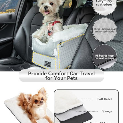 PETSFIT Dog Car Seats for Small Dogs with Safe Protection Hooks, Small Dog Car Seat with Upgraded Safety Tethers, Washable Cushion, Center Console Dog Car Seat for Pets Under 8 Lbs (Light Grey)