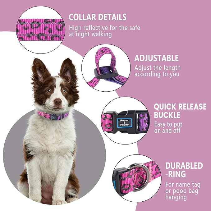 Roses&Poetry Dog Collars for Medium Dogs, Leopard Print Puppy Collar Adjustable Nylon Pet Collar Durable Reflective for Small Medium Large Dogs(Rose-Leopard M)