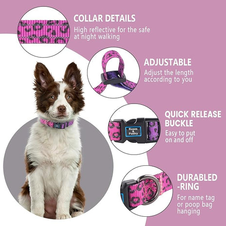 Roses&Poetry Dog Collars for Medium Dogs, Leopard Print Puppy Collar Adjustable Nylon Pet Collar Durable Reflective for Small Medium Large Dogs(Rose-Leopard M)
