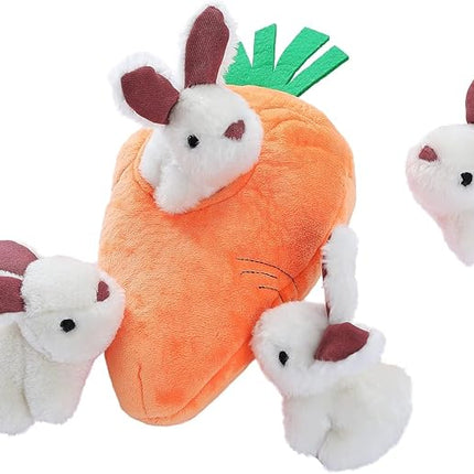 Amazon Basics Interactive Hide and Seek Squeaky Dog Plush Toy, Rabbit and Carrot, Orange and White, 5-Pack