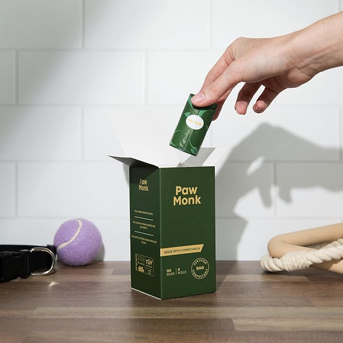 Paw Monk Certified Home Compostable Dog Poop Bags Rolls – Extra Thick, Strong & Leakproof, Easy Open – 120 Count Unscented Plant Based Pet Waste Bags