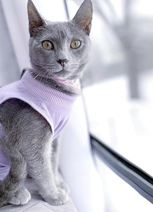Cat Recovery Suit for Male and Female Surgical Post Surgery Soft Cone Onesie Shirt Clothes Neuter Licking Protective Diapers Outfit Cover Kitten Spay Collar(L, Purple)