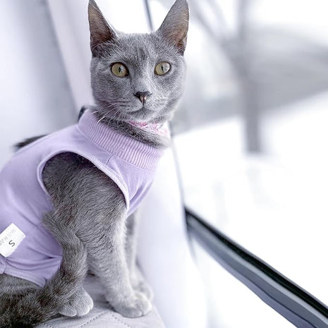 Cat Recovery Suit for Male and Female Surgical Post Surgery Soft Cone Onesie Shirt Clothes Neuter Licking Protective Diapers Outfit Cover Kitten Spay Collar(L, Purple)