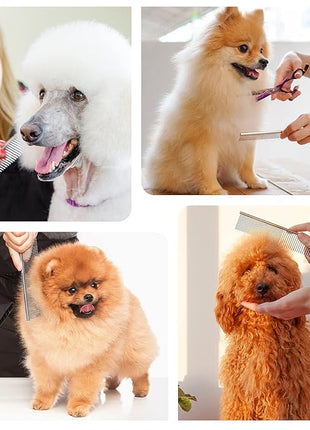 PETTOM Pet Steel Grooming Tool Poodle Finishing Butter Comb 7 1/2-inch L Silver Dog Combs with Rounded Ends Stainless Steel Teeth, Cat Comb for Removing Tangles and Knots