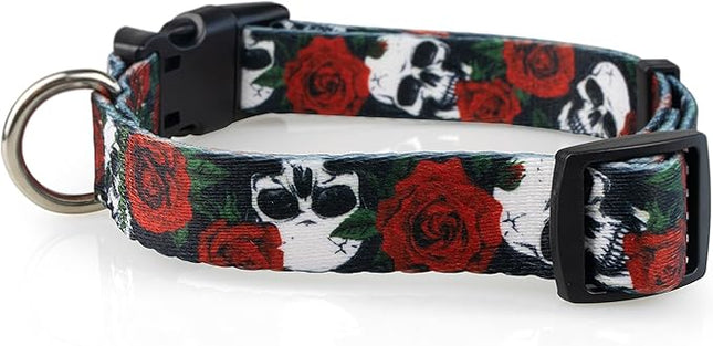 Limeloot Skulls and Roses Dog Collar for Medium Dogs, Boy or Girl Dog Collar with Flowers and Skulls, Medium