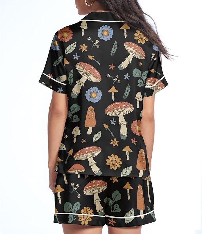 Women’s Silk Satin Pajama Set, Short Sleeve Button Down 2 Piece PJs with Shorts, Cozy Loungewear & Matching Holiday Pajamas