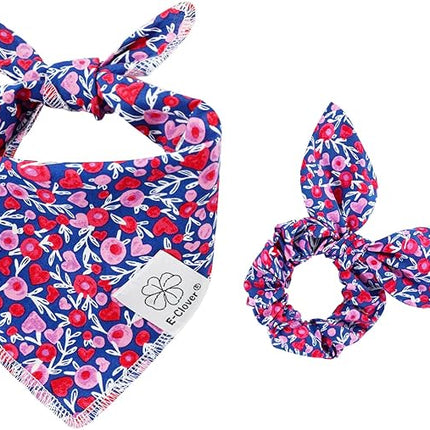 E-Clover Cute Girl Dog Bandanas & Matching Scrunchie Set Heart Dog Bandana Scarf with Bow Hair Ties for Medium Large Dogs Pet Owner Mom Gifts Pink Floral