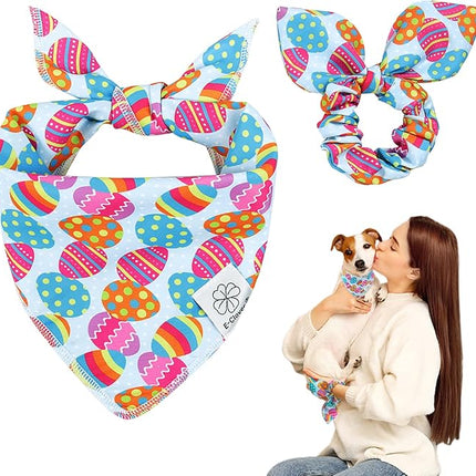 E-Clover Easter Dog Bandana & Matching Scrunchie Set Egg Dog Bandanas Scarf with Bunny Hair Tie for Small Puppy Dogs Pet Owner