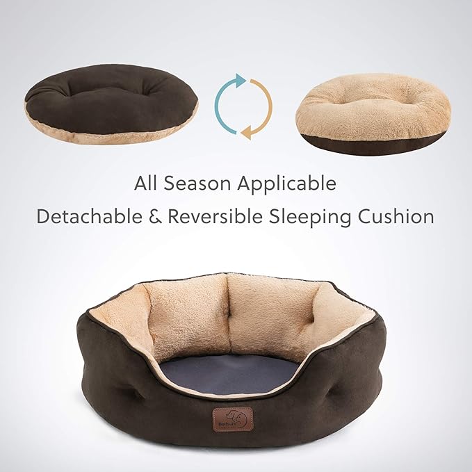Bedsure Dog Beds for Small Dogs - Round Cat Beds for Indoor Cats, Washable Pet Bed for Puppy and Kitten with Slip-Resistant Bottom, 20 Inches, Brown