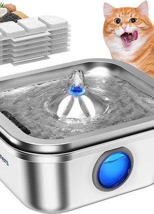 Cat Water Fountain Stainless Steel, 4L/135oz Cat Fountain, Automatic Dog Drinking Dispenser with Water Level Window, 6 Filters, Metal Pet Water Bowl Indoor, Quiet Pump, Easy Cleaning
