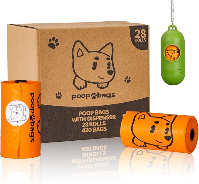 420 Counts Dog Poop Bags Rolls with Dispenser & Leash Clip, Scented Poop Bags for Dogs Waste, Extra Thick & Leak Proof for Poop Doggie Puppy Pet Waste, 9" x 13", Orange