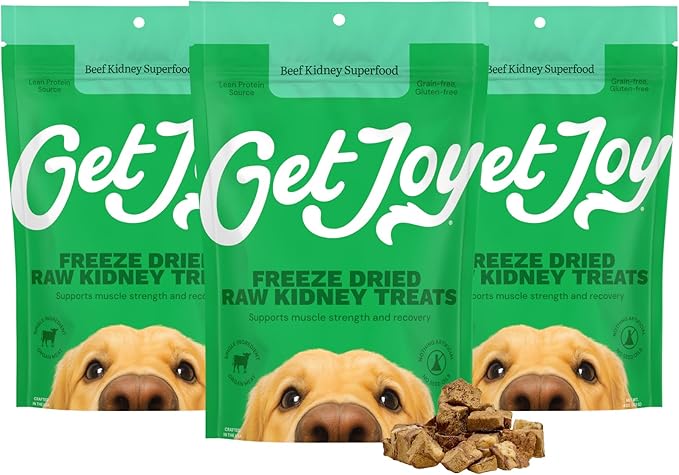 Get Joy Freeze Dried Superfood 100% Beef Kidney Dog Treats, 4 Ounce Bag (Pack of 3), Single Ingredient Organ Meat, High Protein, Immune Health, Muscle Repair, Grain Free, Gluten Free, Made in USA