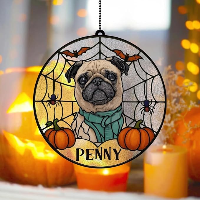 Custom Stained Glass Dog Halloween, Personalized Pumpkin Dog Portrait from Photo, Spooky Dogs Fall Decor, Dogs Witch Halloween, Pet Sympathy Gift, Pet Memorial Decor /21