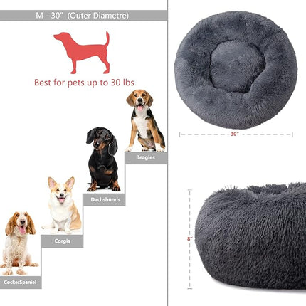 Round Calming Dog Beds for Medium Dogs 30 Inches Anti-Slip Donut Washable Plush Faux Fur Pet Bed fits up to 45 lbs Pets,Dark Gray