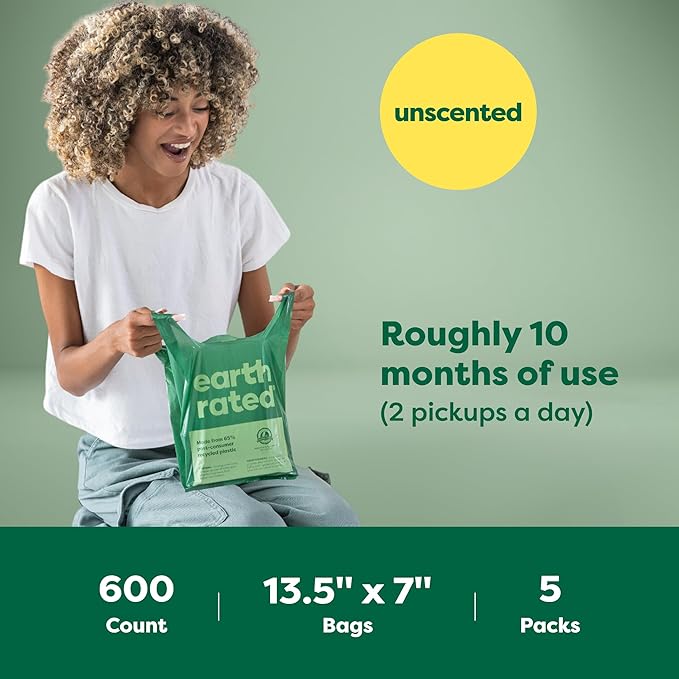 Earth Rated Dog Poop Bags with Handles Value Pack, Easy Tie and Guaranteed Leakproof, Unscented, 600 Handle Bags