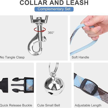 EXPAWLORER Classic Plaid Puppy Harness - Small Dog Collar and Leash with AirTag Holder Case - Soft Mesh Padded Adjustable Dog Vest Harness No Pull, Reflective Escape Proof for Outdoor, Blue XS