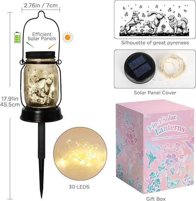 kyoryuger Pyrenees Gifts for Women/Men Pyrenees Dog Solar Lanterns Mom Birthday Dog Lovers Lantern Pet Loss Pet Memorial Lights Solar Garden Decoration for Yard, Patio,Backyard,Porch Torches Light
