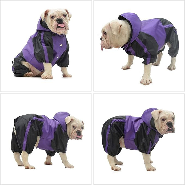 Lovelonglong American Bully Pitbull Dog Hooded Raincoat, Bulldog Rain Jacket Poncho Waterproof Clothes with Hood Breathable 4 Feet Four Legs Rain Coats for Pugs English French Bulldog Purple B-L
