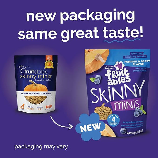 Fruitables Skinny Mini Dog Treats, Healthy Pumpkin Treat for Dogs, Low Calorie & Delicious, Puppy Training, No Wheat, Corn or Soy, Made in The USA, Pumpkin and Berry Flavor, 12oz