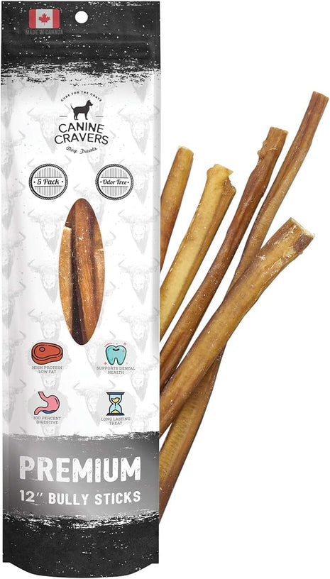 Canine Cravers Maplewood Smoked Bully Sticks 12” Inch - 100% Natural Free Range Grass Fed Beef - Made in Canada Odor-Reduced Long Lasting, Rawhide Free Dog Chews High Protein Low Fat Dental Care
