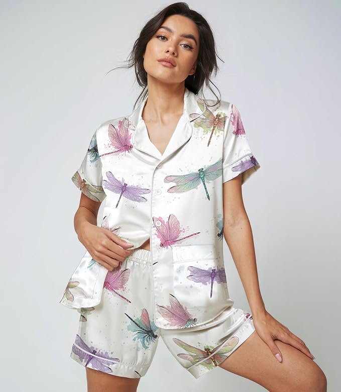 Women’s Silk Satin Pajama Set, Short Sleeve Button Down 2 Piece PJs with Shorts, Cozy Loungewear & Matching Holiday Pajamas