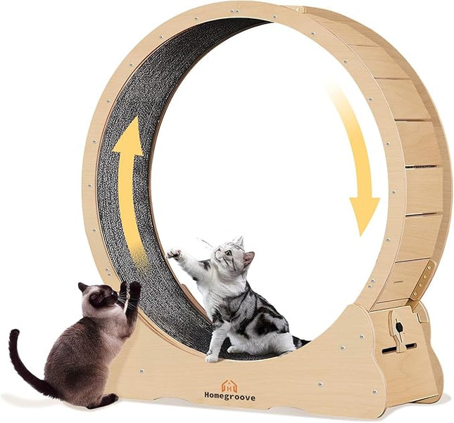 Homegroove XXL Cat Exercise Wheel, 52"/132cm Large Cat Wheel, Solid Wood Cat Treadmill with Integrated Safety Lock, Spine Alignment Design for Large Indoor (XXL, Natural Wood)