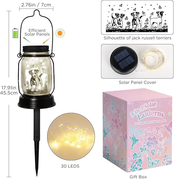 Jack Russell Terrier Gifts for Women/Men Jack Russell Terrier Solar Lanterns Mom Birthday Dog Lovers Lantern Pet loss Pet Memorial Lights Solar Garden Decoration for Yard, Patio,Backyard,Porch Torches