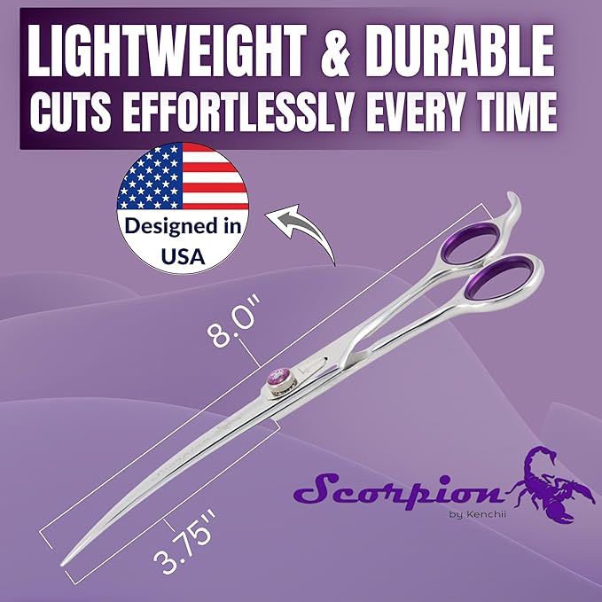 Kenchii Scorpion Dog Grooming Scissors, 8 Inch Curved Shears, Dog Scissors for Grooming, Professional Pet Grooming Scissors, Heavy Duty, Durable and Sharp