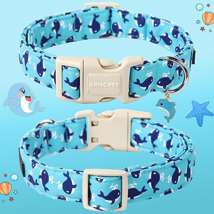 ARING PET Summer Dog Collar-Cute Blue Dog Collar for Small Dogs, Adjustable Cotton Whales Pet Collars Puppy Collar for Small Medium Large Dogs