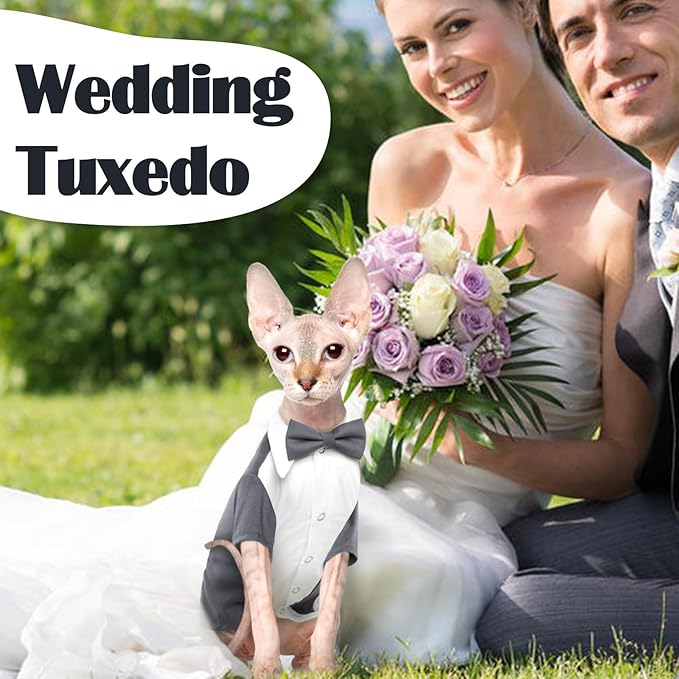 QBLEEV Cat Tuxedo Suit, Sphynx Cat Suit for Cat with Two Bow Tie, Cat Tuxedo Outfit for Birthday Photo Shoot, Formal Onesie Attire Wedding Costumes for Kitten, Male Cat Clothes for Hairless Cats Only