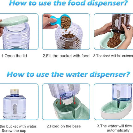 Automatic Dog Cat Feeder and Water Dispenser Gravity Food Feeder and Waterer Set with Pet Food Bowl for Small Medium Dog Puppy Kitten, Large Capacity 1 Gallon x 2