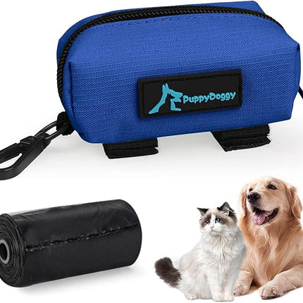 PuppyDoggy 1 Pack Poop Bag Holder for Dogs & Cats Waste Bag Dispenser Pouch Dispenser with 1 Roll of Free Poop Bags for Dog Leash Accessory Bicycle (Blue)