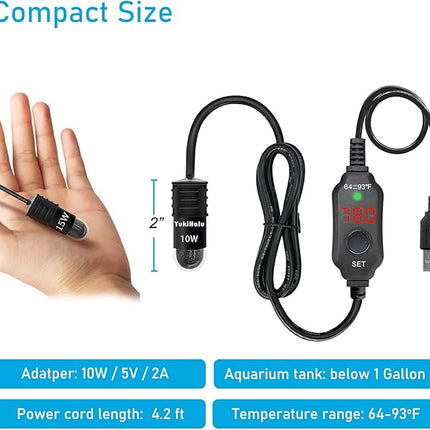 YukiHalu USB Powered Aquarium Heater, 10W Adjustable Mini Fish Tank Heater with External Temperature Controller, LED Display, Used for 0.5-1 Gallon Tank (10W USB)