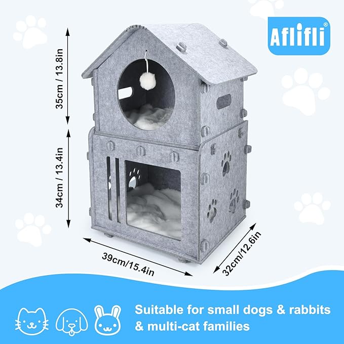 2-Storey Detachable Cat House for Indoor Cats Bed, Covered Beds & Furniture with Washable Cushioned, Cute Modern Condo for Multi Small Pet Large Kitten Kitty, Grey