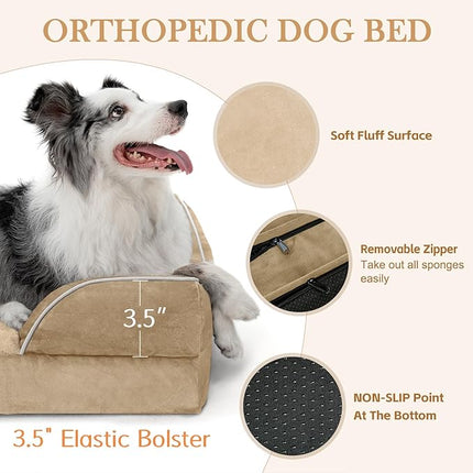 Comfort Expression Orthopedic Dog Bed for Medium Dogs 28x19 Inch, Waterproof Egg Crate Foam Medium Pet Bed with Removable Bolsters, Dog Couch with Washable Cover & Non-Slip Bottom, Light Brown