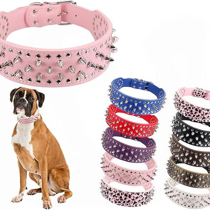 Hoot PU Leather Adjustable Spiked Studded Dog Collar 2" Wide 25 Spikes (XS(Neck 15"-18"), Pink)
