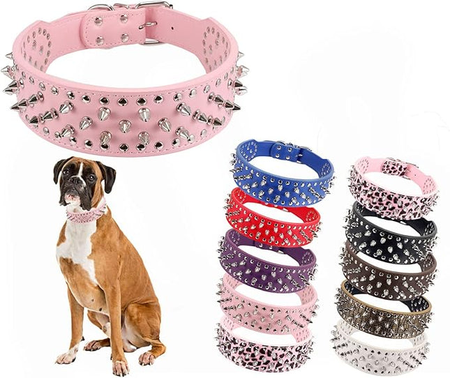 Hoot PU Leather Adjustable Spiked Studded Dog Collar 2" Wide 25 Spikes (XS(Neck 15"-18"), Pink)