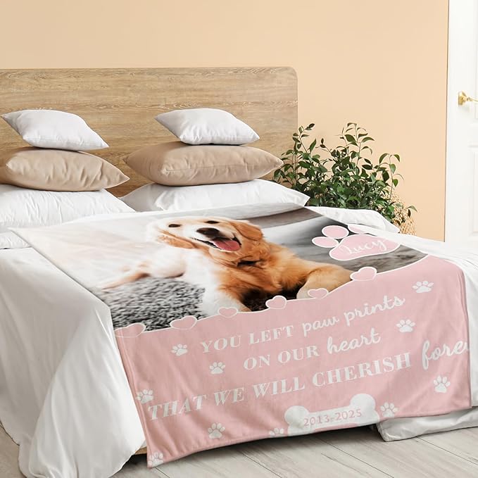 Pet Memorial Gifts, Personalized Dog Blanket with Picture, Dog Memorial Gifts for Loss of Pet, Custom Pet Throw Blanket, Loss of Cat Sympathy Gifts, Remembrance Bereavement Present