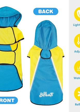 BiPawTi Dog Rain Jackets for Medium Dogs, Lightweight Reflective Safety Pet Rain Jacket, Waterproof Dog Raincoat with Hood/Leash Hole/Reflective Strip - Yellow + Blue, M