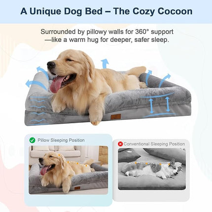 Large Dog Bed Orthopedic for Large Sized Dogs, Waterproof Dog Bed with Removable Washable Cover, Egg Crate Foam Pet Couch Sofa with Non-Slip Bottom, Grey