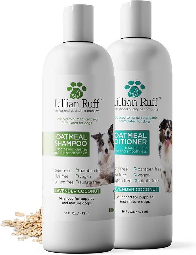 Lillian Ruff PRO Formula Deodorizing Oatmeal Dog Shampoo & Conditioner Set - Calm Itching & Allergies, Ultra-Nourishing Dry Skin Relief - Oatmeal, Aloe, Coconut Oil, Lavender & Provitamin B5, USA Made