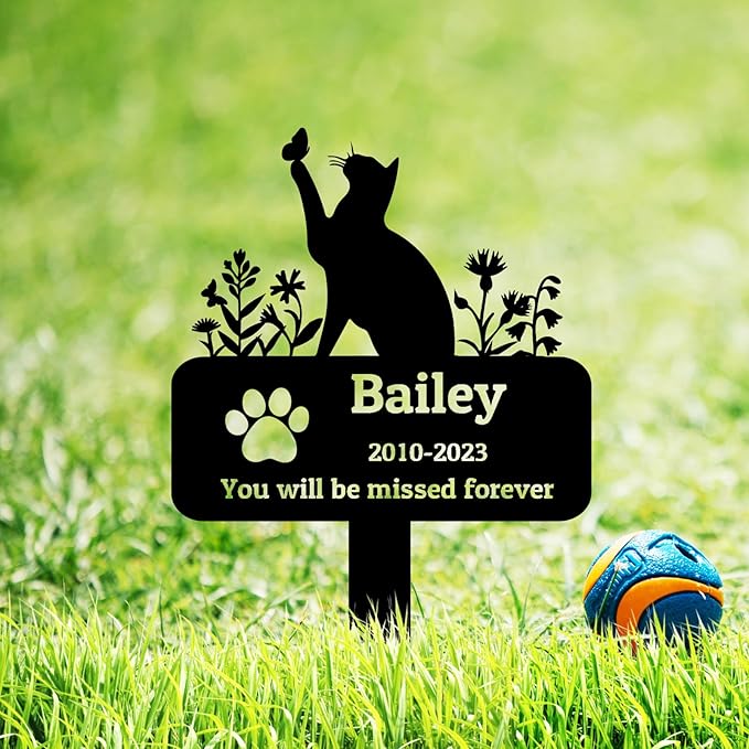 Personalized Metal Pet Memorial Garden Stake Cat Grave Marker, Custom Flowers Cat Memorial Grave Marker, Customized Memorial Stake Cat Garden Statue Pet Burial Marker Headstone for Cats