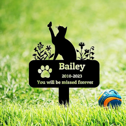 Personalized Metal Pet Memorial Garden Stake Cat Grave Marker, Custom Flowers Cat Memorial Grave Marker, Customized Memorial Stake Cat Garden Statue Pet Burial Marker Headstone for Cats