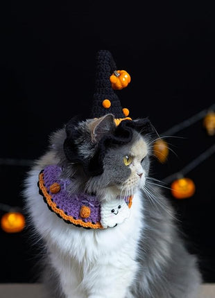 Cat Halloween Costume-Handmade Knitted Cute Ghost Bandana & Black Witch Hat for Cats and Small Sized Dogs, Festive Pet Apparel, Adjustable and Breathable Dog Costume,Also Suits Dolls