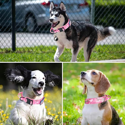 Hotsky Tactical Dog Collar, Adjustable Military Training Nylon Airtag Collar with Handle and Heavy Duty Metal Buckle for Medium Large Dogs, with Airtag Holder and Two Patches （Pink Camo,L）