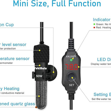 YukiHalu Small Submersible Aquarium Heater, Adjustable Mini Fish Tank Heater 25W 50W 100W 200W 300W with External Temperature Controller, LED Display, Used for 5/10/20/40/60 Gallons (50 Watts)