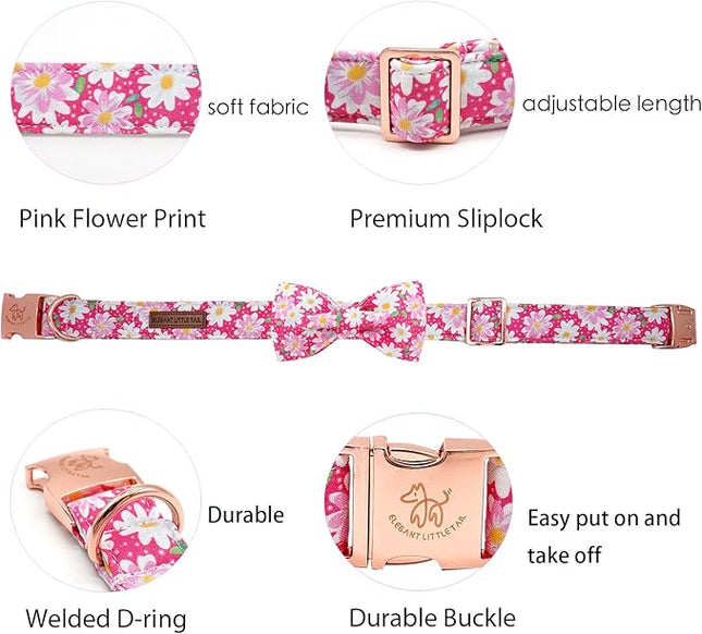 Elegant little tail Dog Collar, Floral Pattern Pet Collars with Bow Girl Cotton Bowtie Collars Spring Puppy Gift Adjustable Pet Collar for Medium Dogs