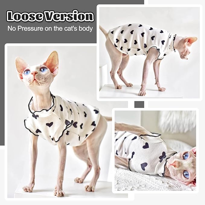DENTRUN Heart Pattern Sphynx Hairless Cats Shirt, Kitten T-Shirts with Perlin Sleeves, Breathable Cat Wear Cute Sweater Adorable Hairless Cat's Clothes Vest Pajamas Jumpsuit
